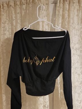 Baby Phat Black Long Sleeve Cropped Top with Gold Logo. Cinched Waist